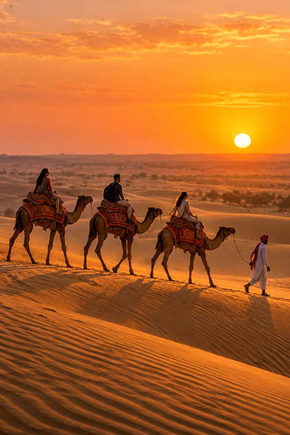 Sunset camel ride in the Thar Desert near Shree Desert Camp