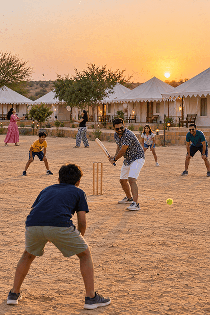 Family playing carrom and chess at Shree Desert Camp, Jaisalmer