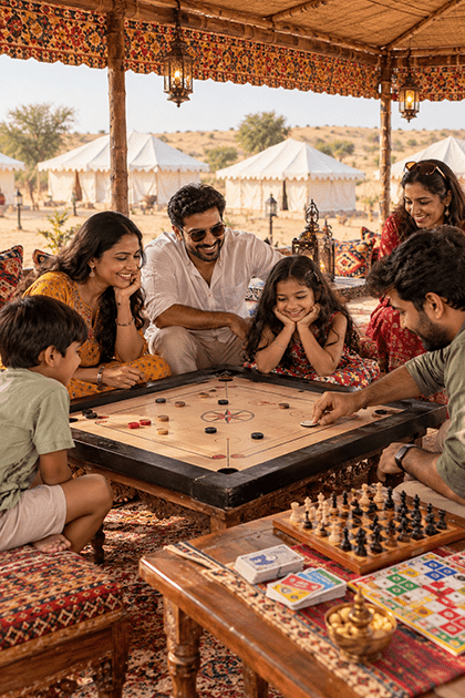 Guests playing cricket and badminton at a Jaisalmer desert camp