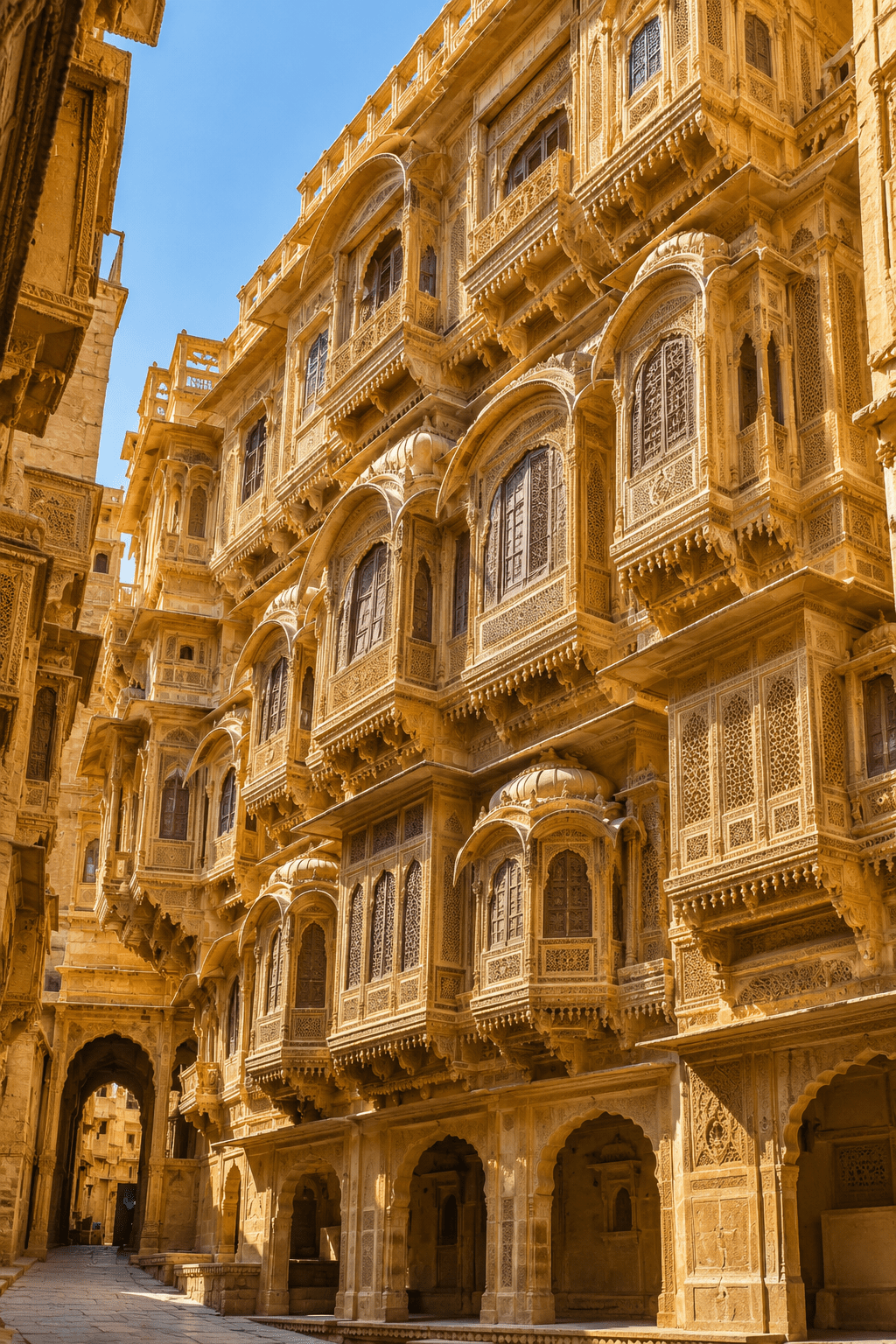 Carved stone balconies of Patwon Ki Haveli, Jaisalmer