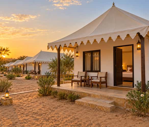 Swiss tents and cottages at a desert camp near Sam Sand Dunes
